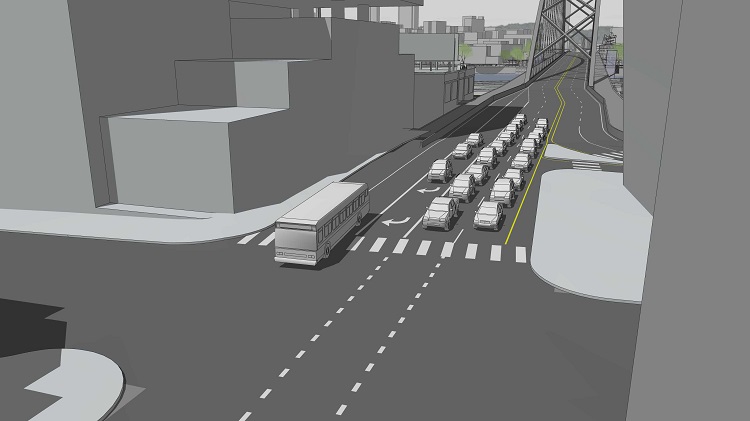 Vehicle Lane Allocation Option 4: A virtual view of the Burnside Bridge cross section displays a bus queue jump. In this option, all the lanes are general purpose except for near the intersections at each end of the bridge where buses have a priority lane and signal to pass other vehicle traffic.  
